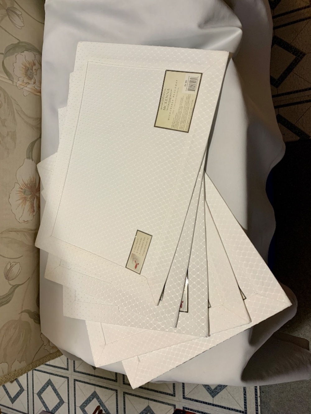 Five (5) McKenna White Microfiber Placemats Spill Proof, Stain Release - 13"x18”